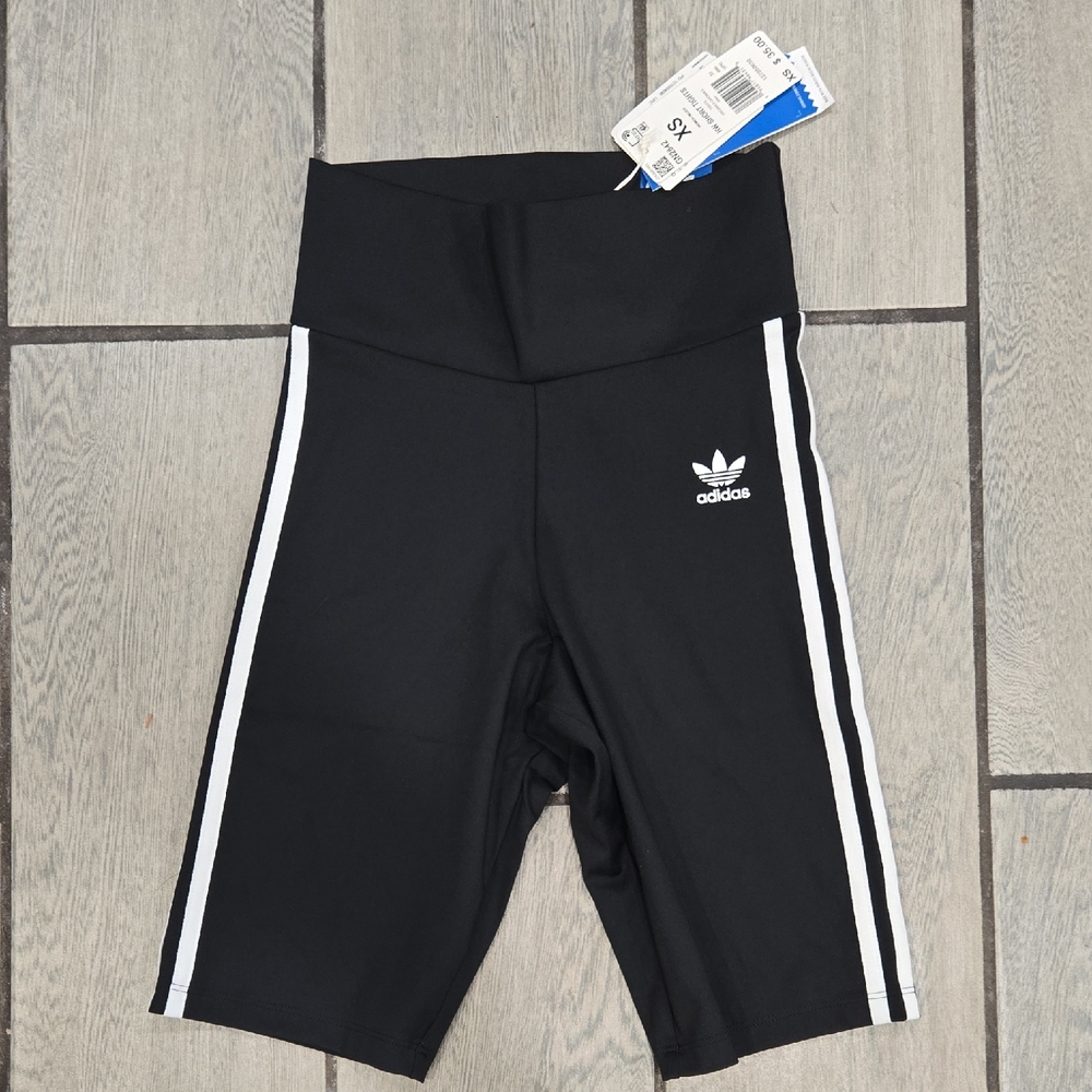 NWT Adidas High Rise Black Athletic Shorts with White Stripes XS act44